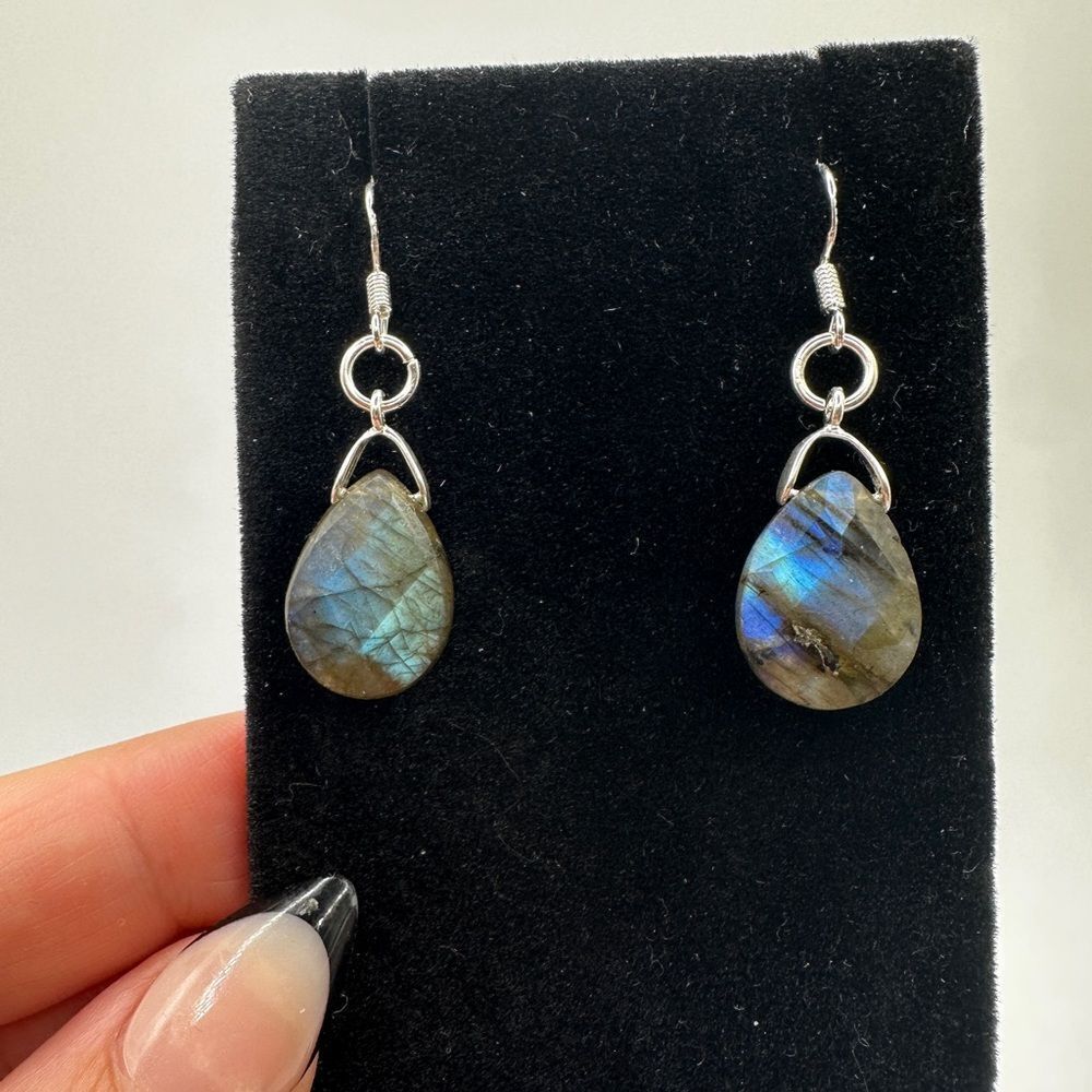 Blue Flash Faceted Labradorite‎ Teardrop Dangle Earrings in Sterling Silver!